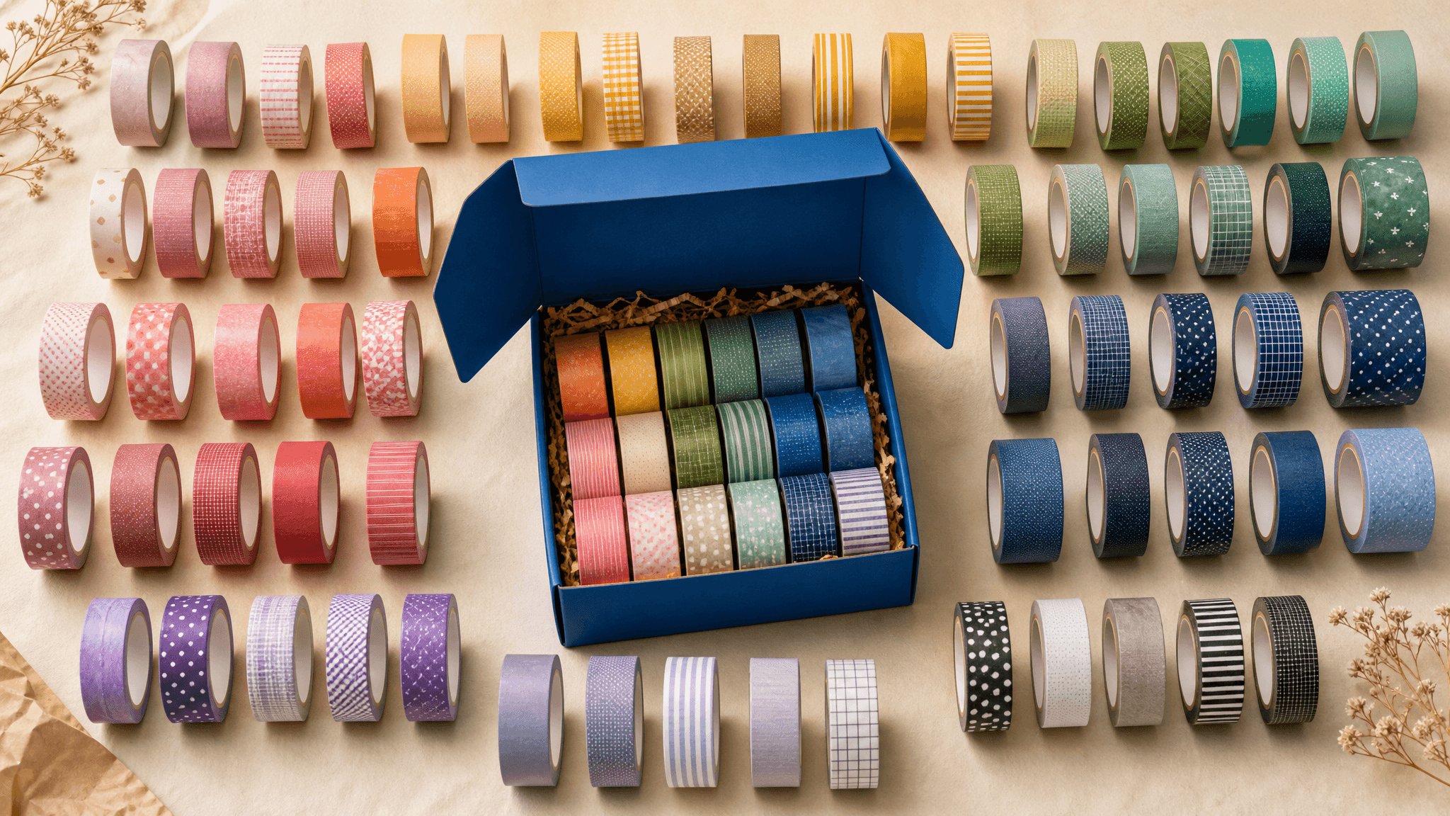 A knolling flat lay of colourful adhesive tape rolls around a packed coastal-blue kit box
